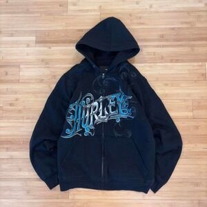 Hurley Graphic Zip Up Hoodie Black Blue Y2K Surf Skater Small